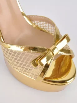 Sandales dorées à talons hauts plateforme bout ouvert bride cheville en résille avec n艙ud chaussures de soirée