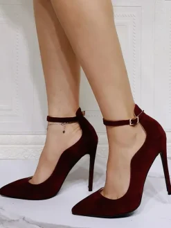 Sandales Femme Talon Aiguille Escarpins Supérieurs En Micro Daim Noir Bride À La Cheville Talon
