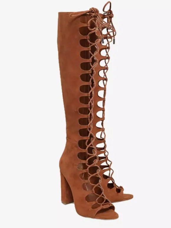 Sandales gladiateur en daim à bout ouvert découpées à lacets et à talons épais