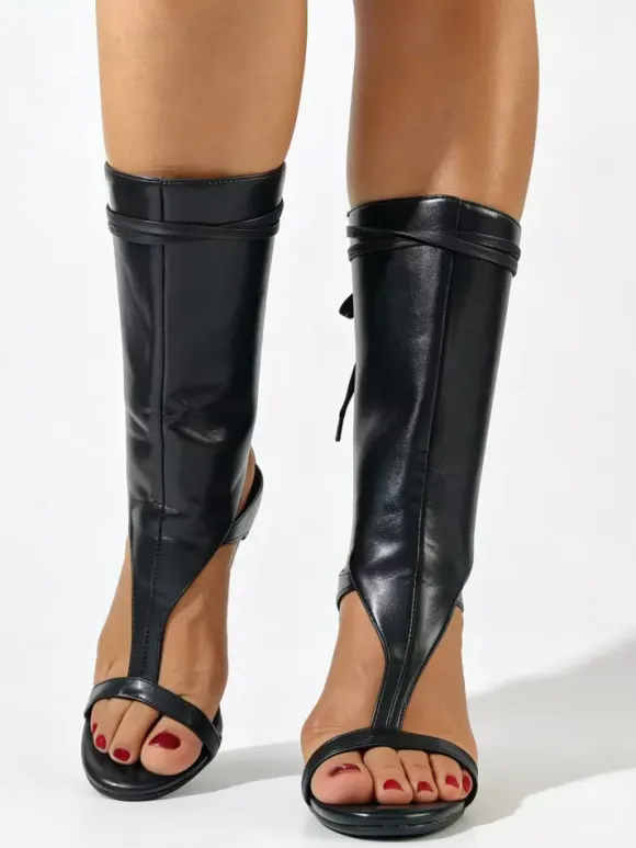 Sandales gladiateur noires à bout ouvert et lacets en forme de T pour femmes