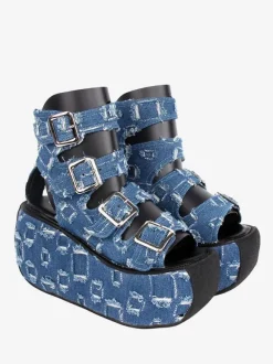 Sandales gothiques Lolita à bout rond en textile Chaussures d'été Lolita bleu profond