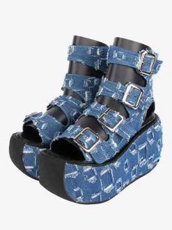 Sandales gothiques Lolita à bout rond en textile Chaussures d'été Lolita bleu profond