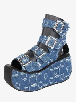 Sandales gothiques Lolita à bout rond en textile Chaussures d'été Lolita bleu profond