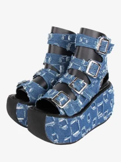 Sandales gothiques Lolita à bout rond en textile Chaussures d'été Lolita bleu profond