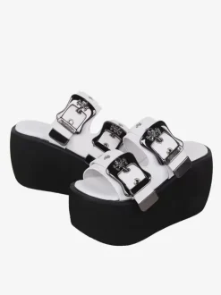 Sandales gothiques Lolita détails en métal blanc cuir PU métallisé chaussures d'été Lolita à bout ouvert