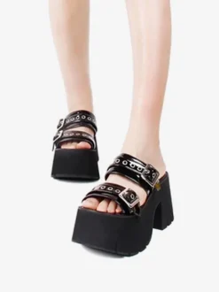 Sandales gothiques Lolita Chaussures Compensées d'été Lolita à bout rond en cuir verni noir Steam Punk