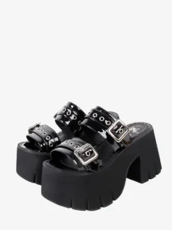 Sandales gothiques Lolita Chaussures Compensées d'été Lolita à bout rond en cuir verni noir Steam Punk