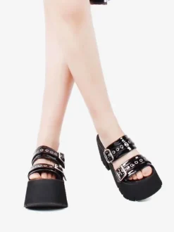 Sandales gothiques Lolita Chaussures Compensées d'été Lolita à bout rond en cuir verni noir Steam Punk