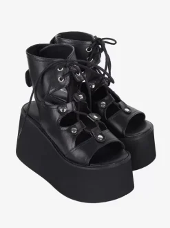 Sandales gothiques Lolita avec 艙illets bout ouvert cuir PU métallique chaussures d'été noires Lolita