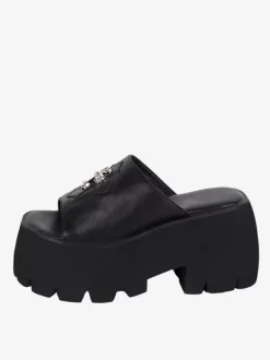 Sandales gothiques Lolita avec détails en métal bout ouvert croisé en cuir PU chaussures d'été noires Lolita
