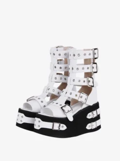 Sandales gothiques Lolita à bout rond en cuir PU Chaussures d'été Lolita blanches