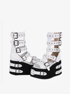 Sandales gothiques Lolita à bout rond en cuir PU Chaussures d'été Lolita blanches