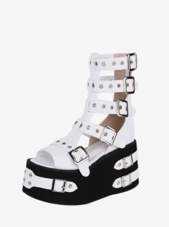 Sandales gothiques Lolita à bout rond en cuir PU Chaussures d'été Lolita blanches