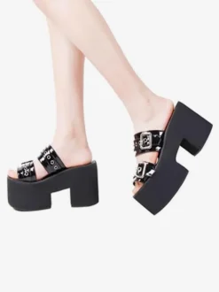 Sandales gothiques Lolita Chaussures d'été Lolita à bout rond en cuir verni noir