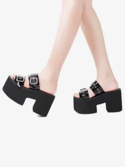 Sandales gothiques Lolita Chaussures d'été Lolita à bout rond en cuir verni noir