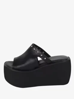 Sandales gothiques Lolita à rivets bout ouvert imprimé floral cuir PU chaussures d'été noires Lolita