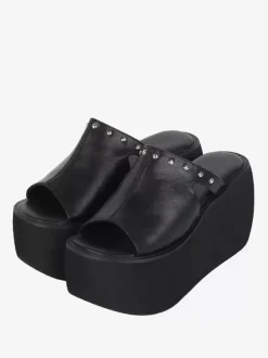 Sandales gothiques Lolita à rivets bout ouvert imprimé floral cuir PU chaussures d'été noires Lolita