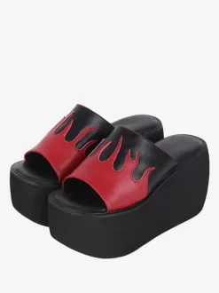 Sandales gothiques Lolita Rivets Bout ouvert Bloc de couleur Cuir PU Chaussures d'été Lolita noires