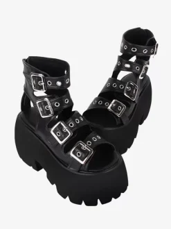 Sandales gothiques Lolita avec 艙illets bout ouvert cuir PU métallique chaussures d'été noires Lolita