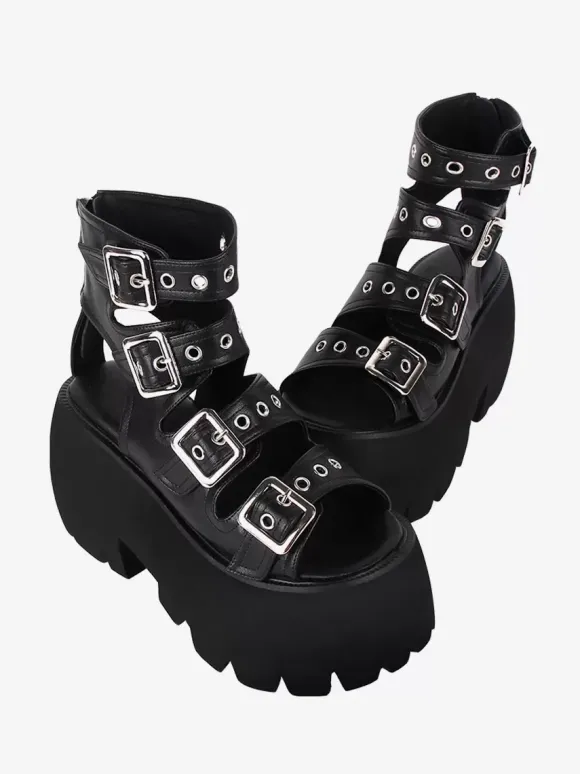 Sandales gothiques Lolita avec 艙illets bout ouvert cuir PU métallique chaussures d'été noires Lolita