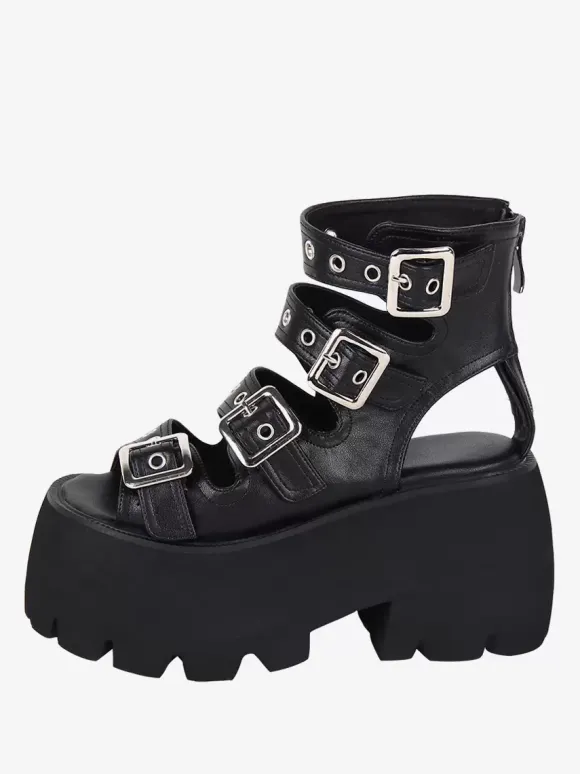 Sandales gothiques Lolita avec 艙illets bout ouvert cuir PU métallique chaussures d'été noires Lolita