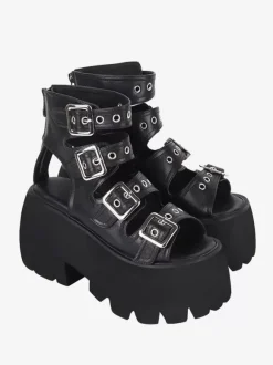 Sandales gothiques Lolita avec 艙illets bout ouvert cuir PU métallique chaussures d'été noires Lolita