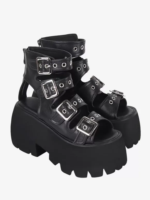 Sandales gothiques Lolita avec 艙illets bout ouvert cuir PU métallique chaussures d'été noires Lolita