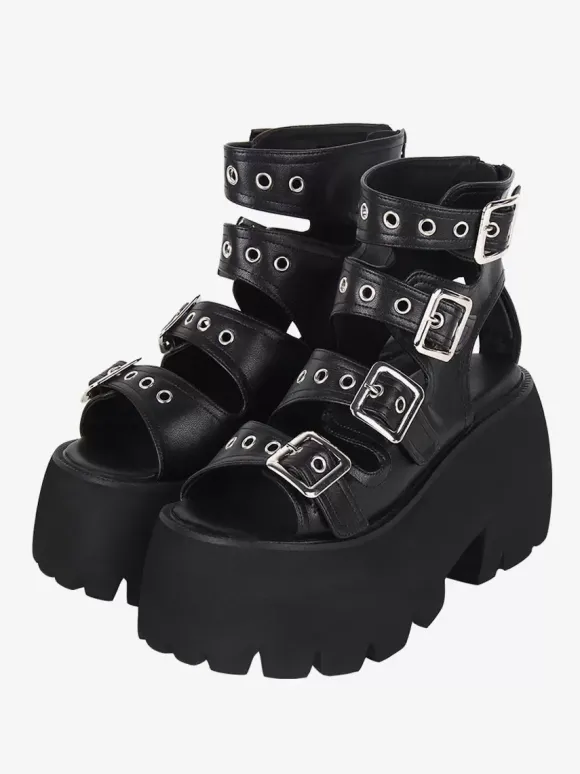 Sandales gothiques Lolita avec 艙illets bout ouvert cuir PU métallique chaussures d'été noires Lolita