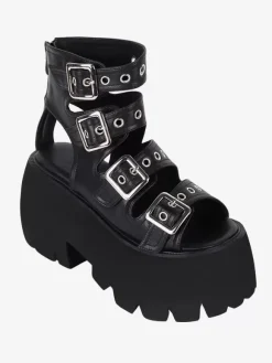 Sandales gothiques Lolita avec 艙illets bout ouvert cuir PU métallique chaussures d'été noires Lolita