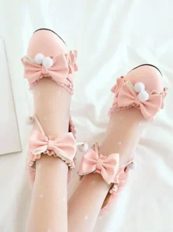Sandales Lolita douces arcs bout rond en cuir PU talon épais quotidien décontracté rose Lolita été bride à la cheville talons