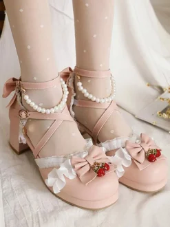 Sandales Lolita douces arcs bout rond talon épais en cuir PU rose Lolita été bride à la cheville talons