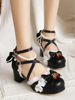 Sandales Lolita douces arcs bout rond talon épais en cuir PU rose Lolita été bride à la cheville talons