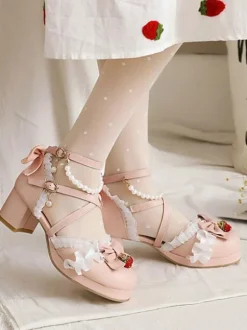 Sandales Lolita douces arcs bout rond talon épais en cuir PU rose Lolita été bride à la cheville talons