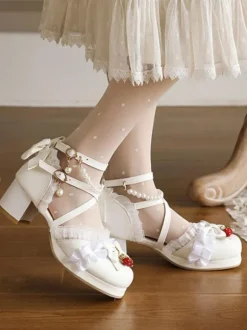 Sandales Lolita douces arcs bout rond talon épais en cuir PU rose Lolita été bride à la cheville talons