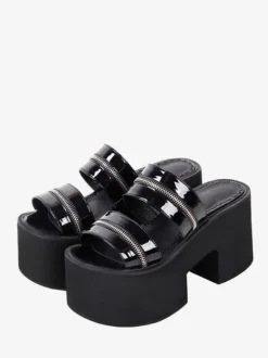 Sandales Lolita Gothiques Bout Rond Vernis PU Supérieure Chaussures Compensées d'été Lolita Noires Steam Punk