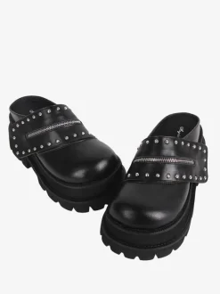 Sandales Lolita Gothiques Rivets Bout Rond En Cuir PU Chaussures Compensées D'été Lolita Noires Steam Punk