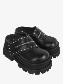 Sandales Lolita Gothiques Rivets Bout Rond En Cuir PU Chaussures Compensées D'été Lolita Noires Steam Punk