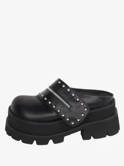 Sandales Lolita Gothiques Rivets Bout Rond En Cuir PU Chaussures Compensées D'été Lolita Noires Steam Punk