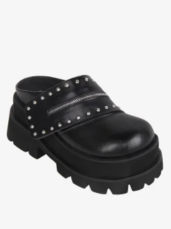 Sandales Lolita Gothiques Rivets Bout Rond En Cuir PU Chaussures Compensées D'été Lolita Noires Steam Punk