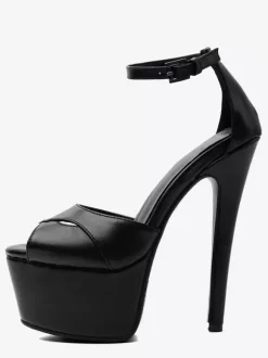Sandales noires à talons hauts bout ouvert plateforme talon aiguille et bride cheville