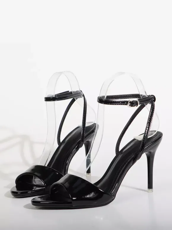 Sandales noires à talons hauts pour femmes bout ouvert et bride cheville chaussures de soirée