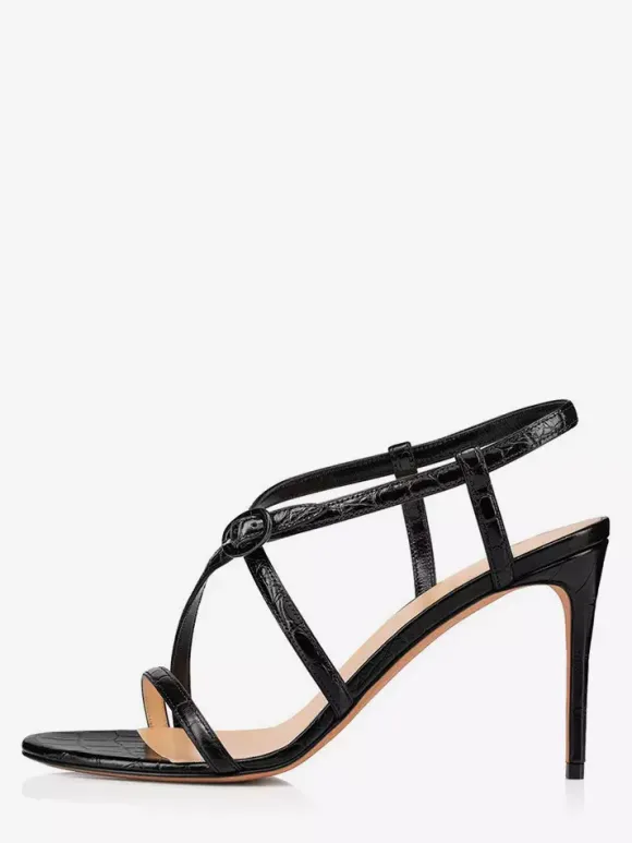 Sandales noires à talons hauts pour femmes chaussures de soirée à lanières et bout ouvert