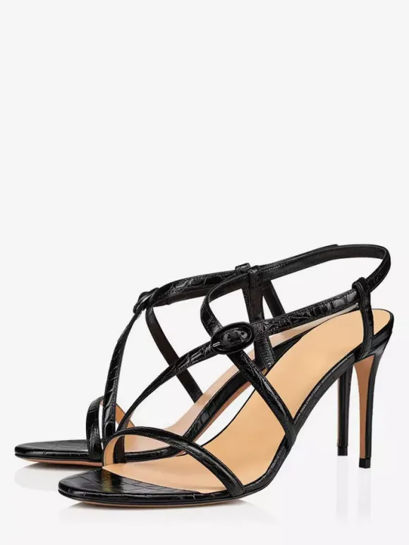 Sandales noires à talons hauts pour femmes chaussures de soirée à lanières et bout ouvert