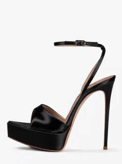 Sandales noires à talons hauts en satin bout ouvert et bride cheville chaussures de soirée
