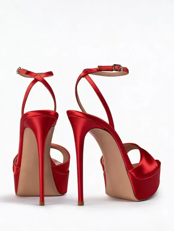 Sandales noires à talons hauts en satin bout ouvert et bride cheville chaussures de soirée