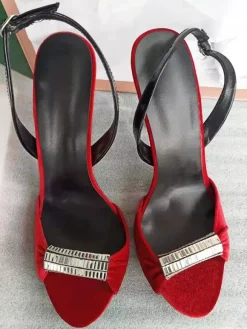 Sandales Rouges En Velours Chaussures De Soirée Talons Hauts À Bout Ouvert Bride