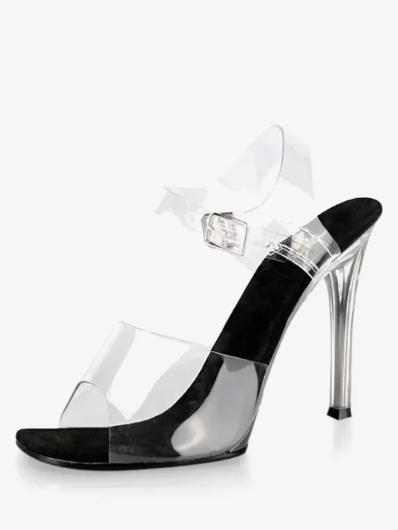 Sandales sexy à talons hauts avec tige en PVC transparent et bout ouvert boucle de 04" et chaussures sexy de 47"