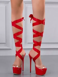 Sandales Sexy à Talons Hauts avec Bout Ouvert en Cuir Synthétique Unicolore