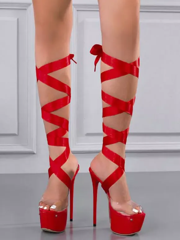 Sandales Sexy à Talons Hauts avec Bout Ouvert en Cuir Synthétique Unicolore