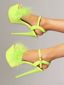 Sandales sexy à talons hauts vert prairie pailleté bout ouvert.